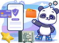 A panda beside a mobile payment screen, a safe, and a wallet, indicating secure transactions.