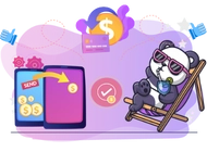 A panda lounging on a chair with a phone showing a money transfer and a checkmark.