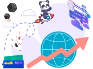 A panda riding a rocket around the globe, with financial cards, dice, and a search bar.