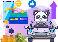 A panda driving a car with money stacks, a fast pay indicator, and approval icons.
