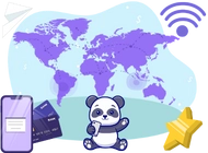 A panda with a phone and bank cards in front of a world map and golden star.