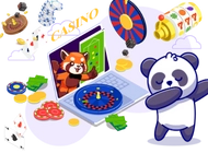 A panda dabbing beside a laptop showing casino games, with poker chips and a roulette wheel.