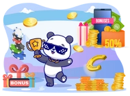 A panda holding a trophy with bonuses, coins, and promotions in the background.