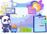 A panda pushing a cart of coins, with a financial calendar, money stacks, and transfer documents.