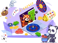 A panda with a laptop showing a casino game with various gambling items around.