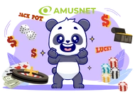 A happy panda is standing in front of a variety of casino symbols, including dice, playing cards, casino chips, a treasure chest, and a roulette wheel. The text
