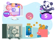 A panda beside a safe, a mobile wallet, and a stack of coins, indicating secure deposits.