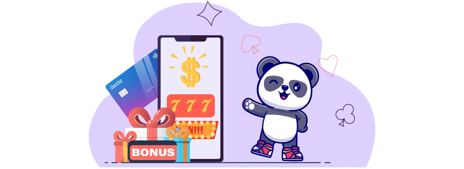 Cartoon panda standing next to gift box, mobile phone and credit card