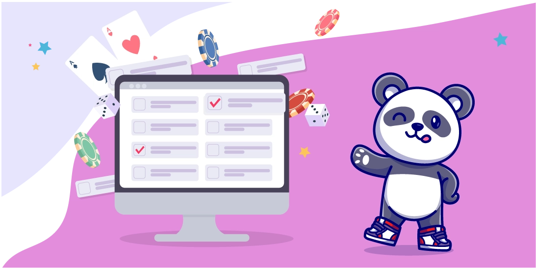 Cartoon panda standing next to a computer screen with cards and chips on background