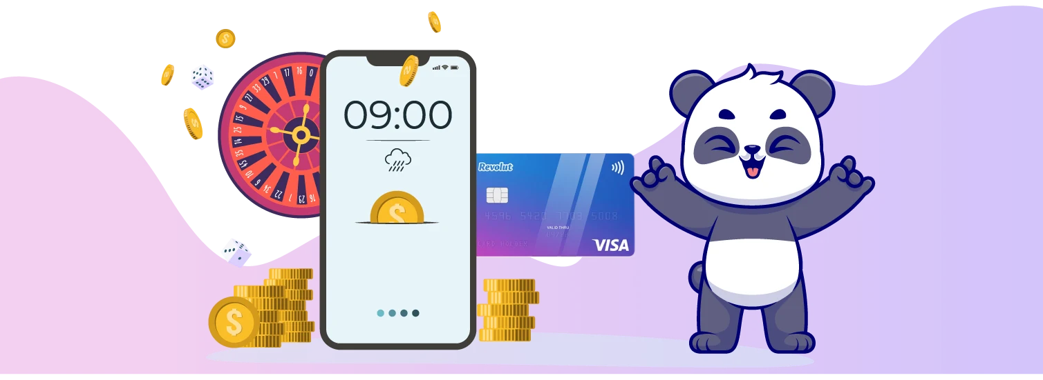 Cartoon panda excited next to a mobile phone, table and a credit card