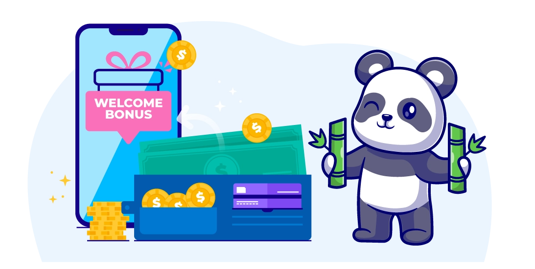 Cartoon panda standing next to a wallet and a mobile phone, holding two bamboos