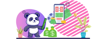 Cartoon panda holding a bamboo stick standing next to cashbags and a mobile phone