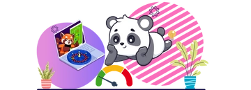 Cartoon panda with a speed meter online talking with another panda