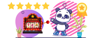 Cartoon panda standing next to a flower and a slot machine and there are six golden stars