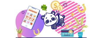 Panda flying with cash baloons