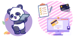 Cartoon panda taking a note on its tablet and there is computer screen with a credit card next to it