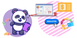 Cartoon panda holding a purple folder standing next to a screen and "register" button