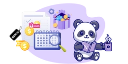 Cartoon panda reads a book holding a coffee mug, there is a calendar and a gift box on background