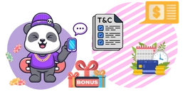 Cartoon panda with purple cool clothes holding a mobile phone standing next to a newspaper with terms and conditions text and a gift box