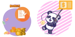 Cartoon panda with a fishing rod catches a gold coin and there is gold piles and "bonus" text