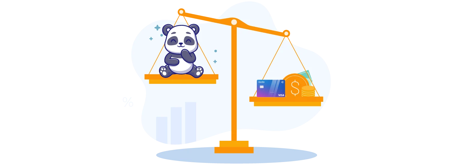 Cartoon panda weights lighter sompared to gold coins and a credit card