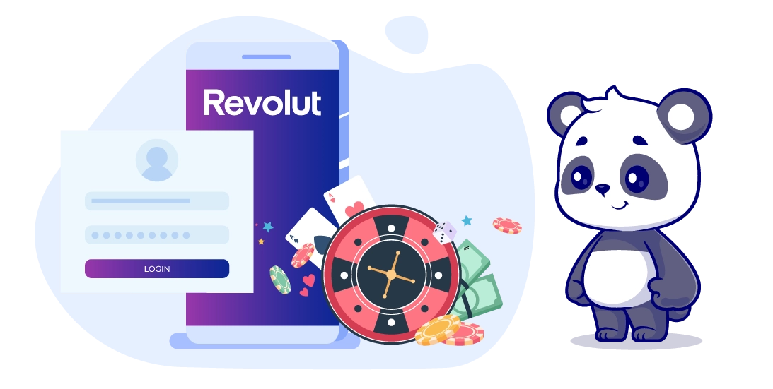 Cartoon panda with revolut logo, table and cards