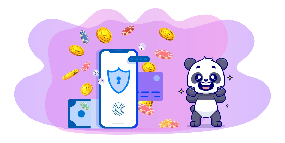 Cartoon panda with security symbols seems excited and there are cold coins and chips on background