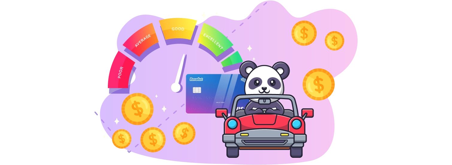 Cartoon panda riding a card with speed symbols and gold coins on background