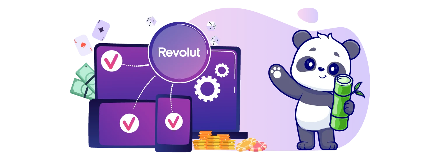Cartoon panda holding a bamboo, standing next to mobile devices with revolut logo on them