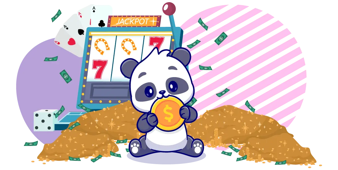 Cartoon panda holding a giant gold coin and there is gold coin piles and a slot machine on background