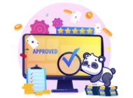 A cartoon panda sits at a computer with a screen that says