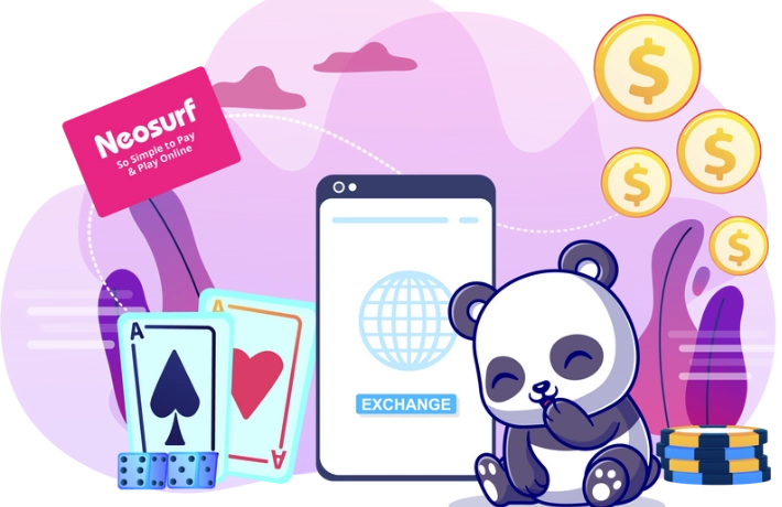 A cartoon panda sits next to a phone displaying a Neosurf logo, with playing cards and floating dollar signs nearby.