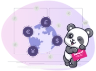 A cartoon panda sits amongst floating icons of different currencies.