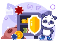 A cartoon panda sits behind a shield with a lock icon, with poker chips and playing cards visible.