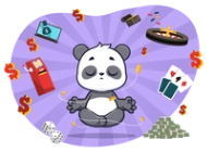 A cartoon panda sits on a pile of money, with a Neosurf card, poker chips, and dice scattered around.