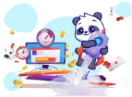 A cartoon panda stands at a computer with a Neosurf logo on the screen, with a rocket ship and other icons nearby.