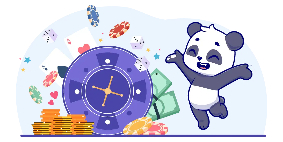Joyful cartoon panda jumps next to a poker table and there are cards and gold coins around