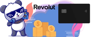 Panda with sunglasses, a bunch of gold coins and a card with "revolut" text.