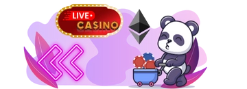 Panda pushing a wheelbarrow filled with casino chips, with a "Live Casino" sign and arrow buttons in the background.
