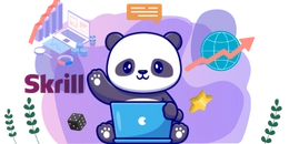 Panda with computer, "skrill" text, a star and a dice