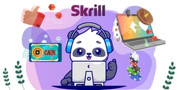 Panda playing games on a computer with "skrill" text