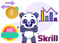 Excited panda with a gold coin and no fees text