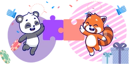 A panda and a fox jumps together with puzzle parts