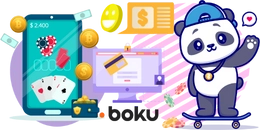 Cool panda with a skateboard, phone and computer screen, gold coins and "boku" text.