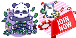 Panda with lots of coins and cash and a "Join Now" text.