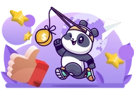 Panda with chopsticks attached to it's face running after a a coin