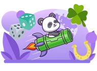 Panda flies with a rocket to a lucky clover