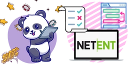 Panda checking information on a sheet with a "NETENT" text