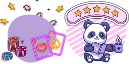 Panda drinks coffee and reads a book. 5 stars, cards and chips