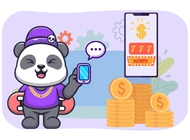 Panda with mobile phone and there is a pile of gold coins